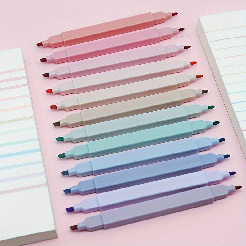 12pcs Assorted Colors Aesthetic Square Highlighters Pens Dual Tips Marker  Pen Highlighters No Bleed, Water Based, Quick Dry For School Office Journal